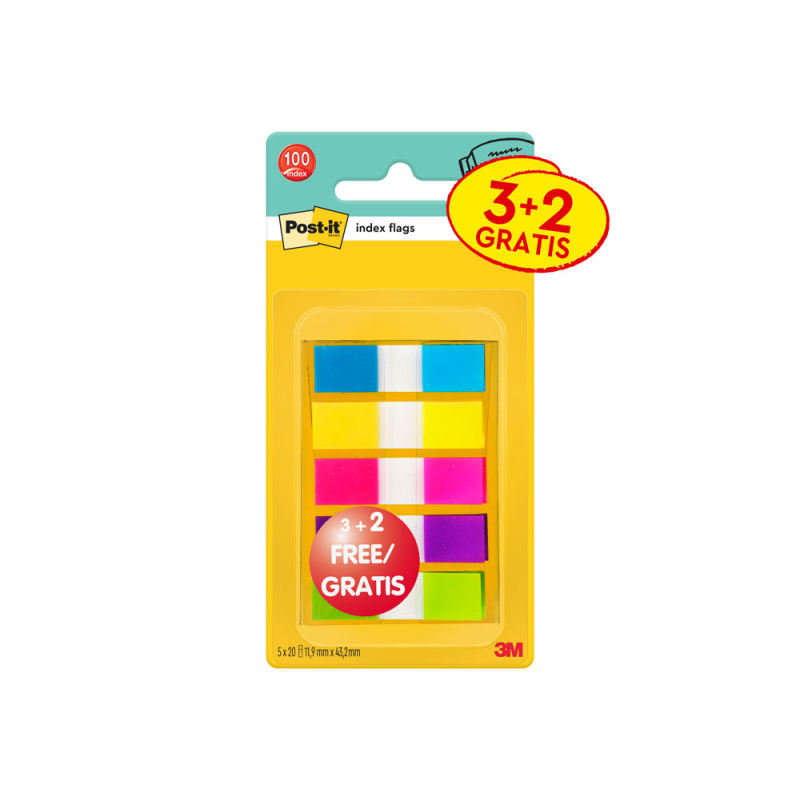 Banderitas separadoras post-it pequeña 11,9x43,2 mm dispensador 60 hojas+40 hojas gratis 5 colores surtidos