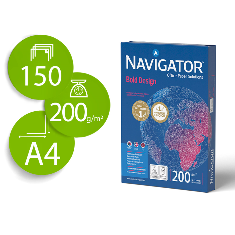 Papel fotocopiadora navigator bold design din a4 200 gr papel multiuso ink-jet y laser paquete de 150 hojas
