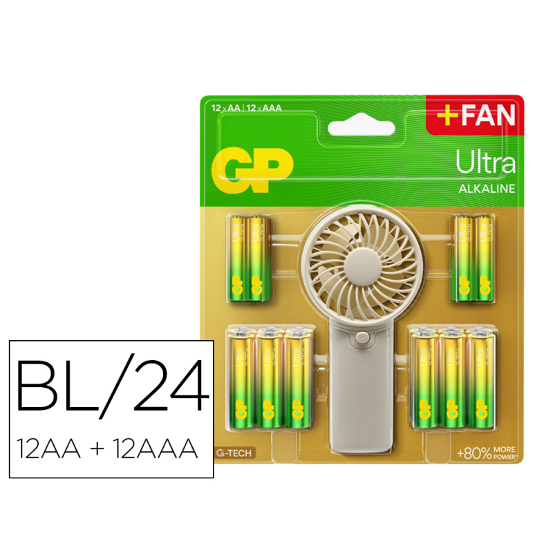 Pila gp ultra alcalina blister de 12 unidades aa + 12 unidades aaa + ventilador de mano