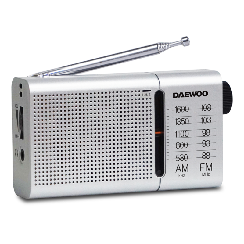 Radio portatil daewoo am/fm antena telescopica auriculares incluidos jack 3.5 mm color plata
