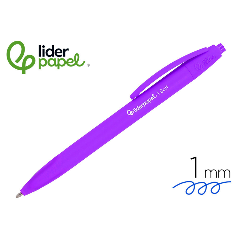 Boligrafo liderpapel punta 1 mm retractil con clip acabado soft touch tinta azul cuerpo morado
