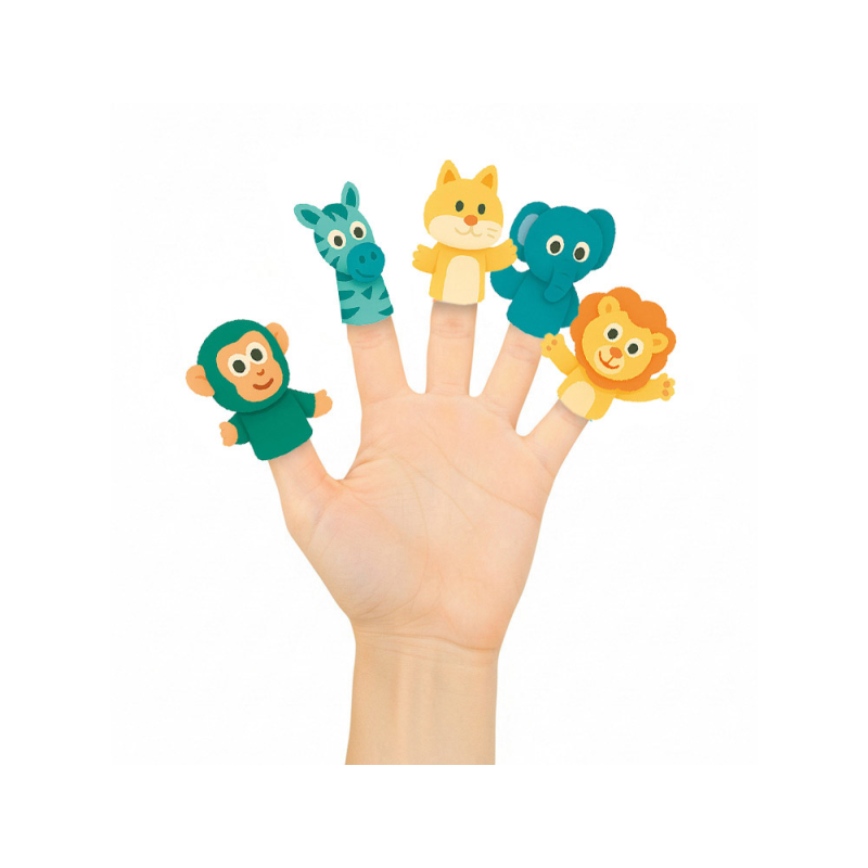 Marionetas de dedos imaginovo tiny tales pvc selva blister de 5 unidades surtidas