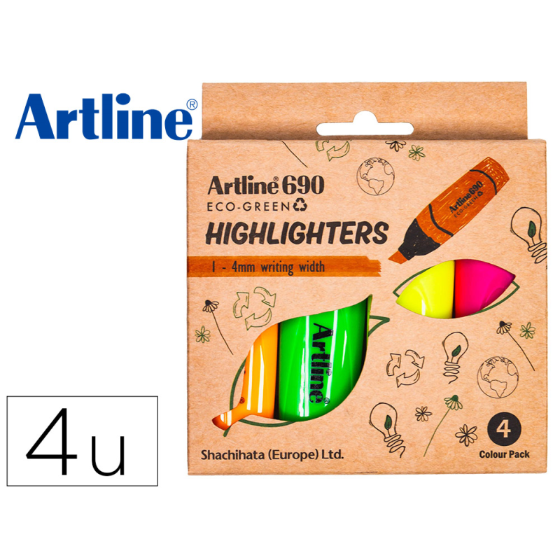 Rotulador artline fluorescente ek-690 eco green punta biselada blister con 4 unidades colores surtidos