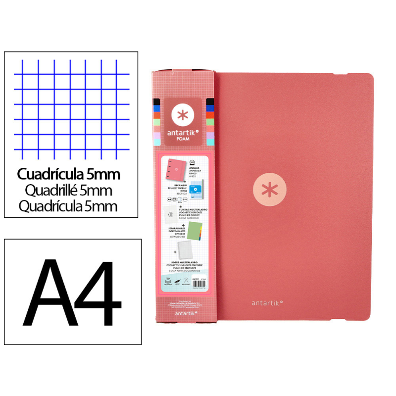 Carpeta con recambio antartik a4 cuadro 5mm foam 4 anillas 35mm mixtas color coral