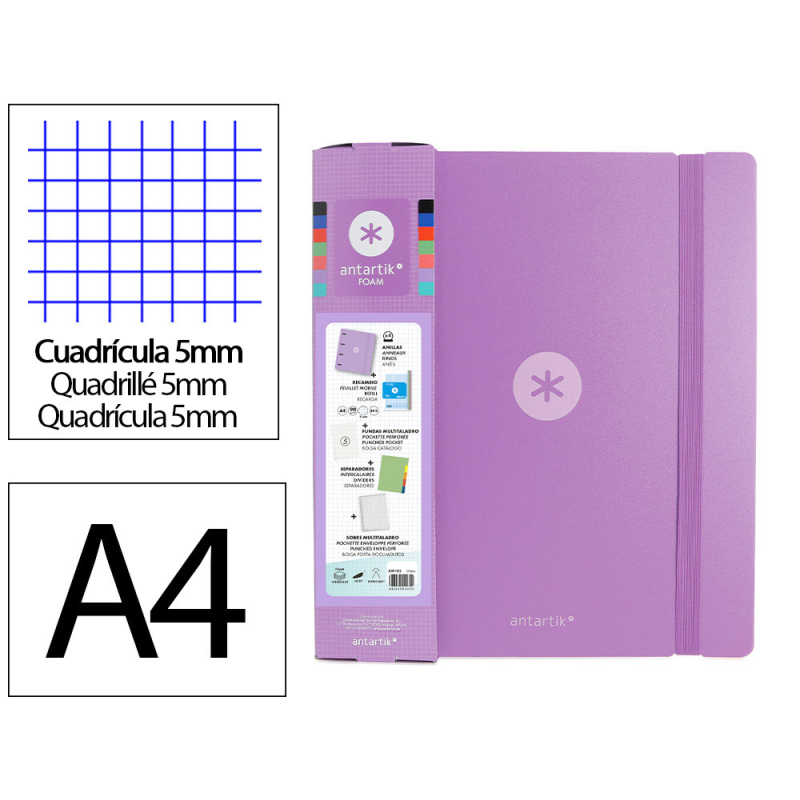Carpeta con recambio antartik a4 cuadro 5mm foam 4 anillas 35mm mixtas color lavanda