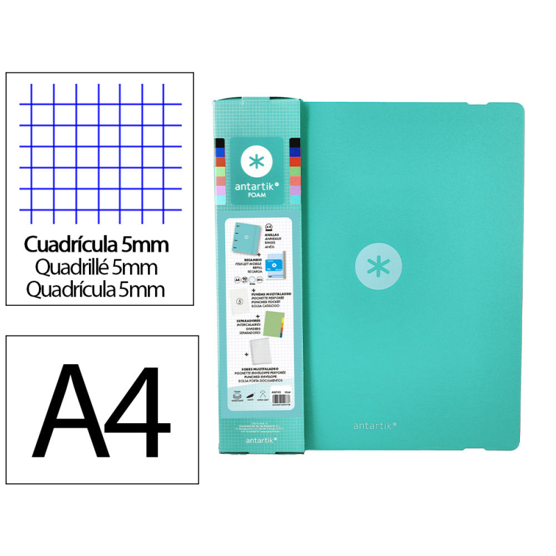 Carpeta con recambio antartik a4 cuadro 5mm foam 4 anillas 35mm mixtas color menta