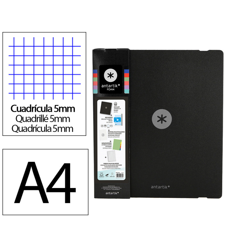 Carpeta con recambio antartik a4 cuadro 5mm foam 4 anillas 35mm mixtas color negro