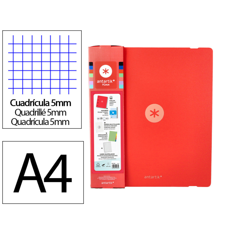 Carpeta con recambio antartik a4 cuadro 5mm foam 4 anillas 35mm mixtas color rojo