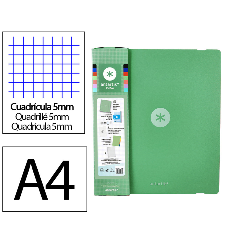 Carpeta con recambio antartik a4 cuadro 5mm foam 4 anillas 35mm mixtas color verde matcha
