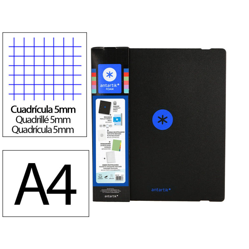 Carpeta con recambio antartik a4 cuadro 5mm foam 4 anillas 35mm mixtas bicolor negro azul