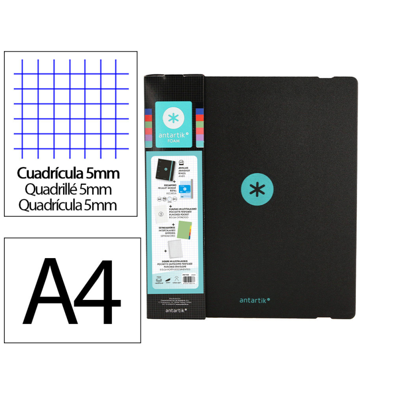 Carpeta con recambio antartik a4 cuadro 5mm foam 4 anillas 35mm mixtas bicolor negro menta