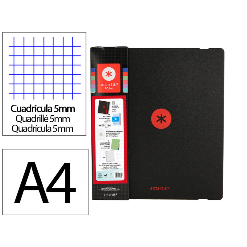 Carpeta con recambio antartik a4 cuadro 5mm foam 4 anillas 35mm mixtas bicolor negro rojo