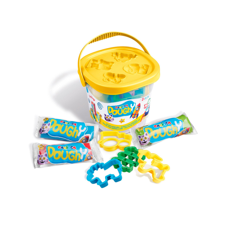 Pasta para modelar carioca doughy bucket 50 gr set de 3 unidades colores surtidos + 4 moldes