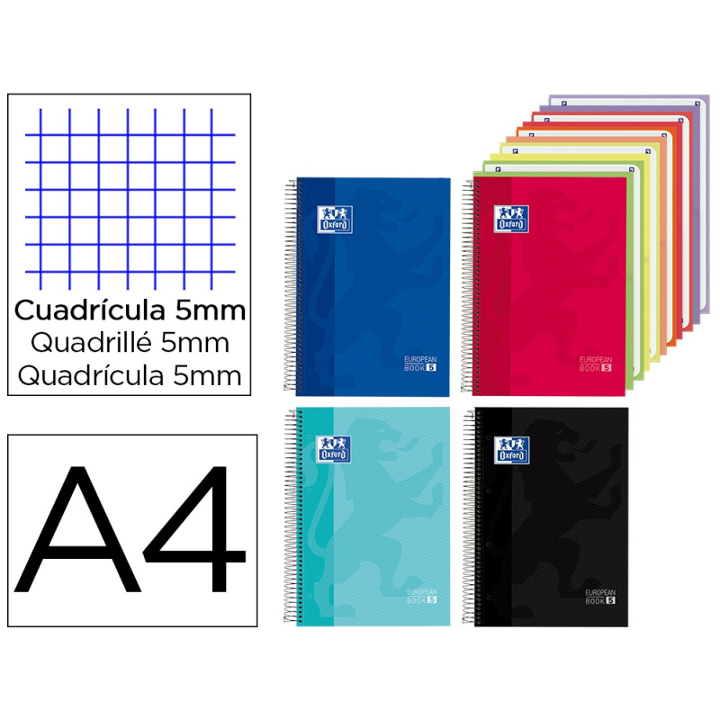 Cuaderno espiral oxford europeanbook 5 tapa extradura din a4 150 hojas cuadro 5 mm con 5 bolsas separadoras