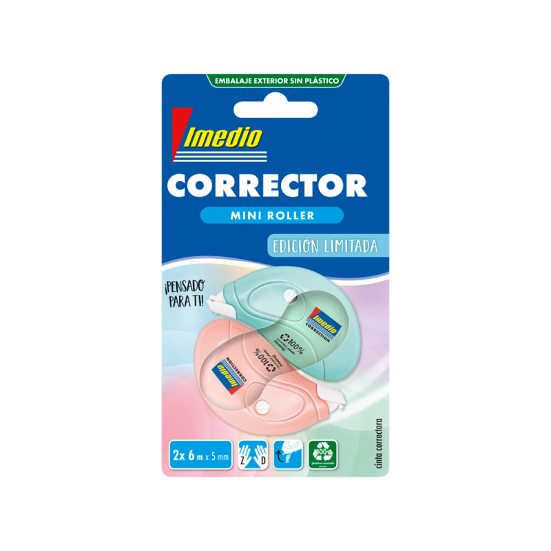 Corrector imedio cinta mini 5 mm x 6 mt pastel blister de 2 unidades
