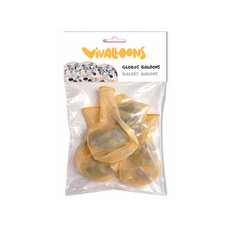 Globo 100% latex biodegradable vivalloons con cofetti metalizado oro/negro bolsa de 5 unidades
