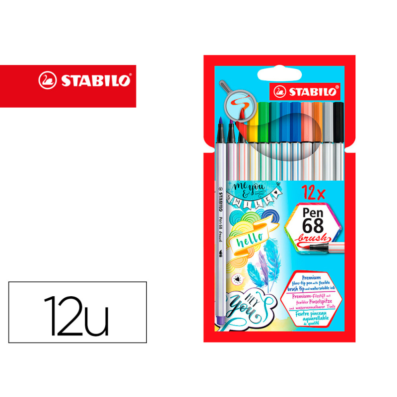 Rotulador stabilo acuarelable pen 68 brush punta pincel estuche de 12 unidades colores surtidos