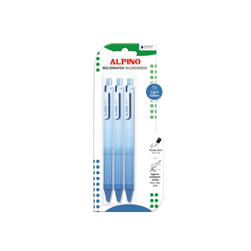 Boligrafo alpino silencioso agarre antideslizante tinta azul punta 1 mm blister de 3 unidades