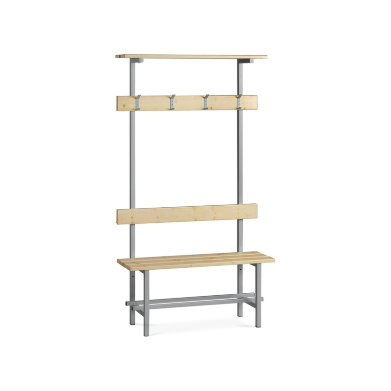 Banco de madera con zapatero y perchero superior estructura acero y listones de pino barnizados 1000 mm