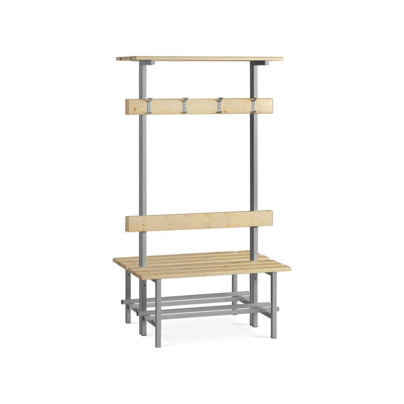 Banco de madera doble con zapatero y perchero superior estructura acero y listones de pino barnizados 2000 mm