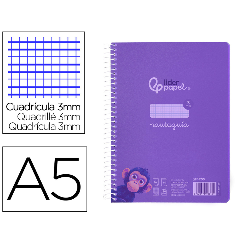 Cuaderno espiral liderpapel a5 pautaguia tapa plastico 80h 90gr cuadro pautado 3 mm con margen color lila
