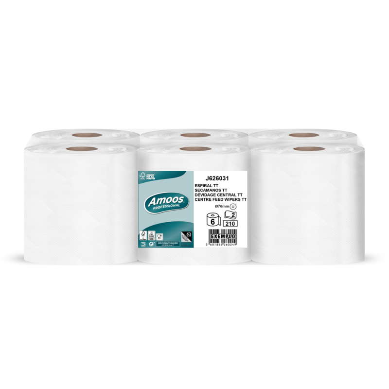 Papel secamanos amoos industrial 2 capas 32g/m2 celulosa blanco 60 mt paquete de 6 bobinas