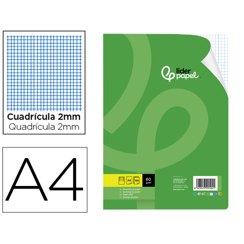 Recambio liderpapel a4 100 hojas 60gr milimetrado sin margen 4 taladros