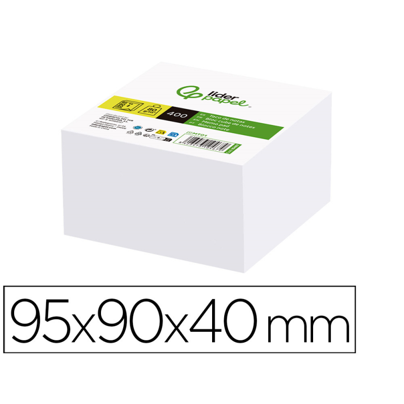 Taco papel liderpapel sin encolar blanco 400 hojas 95x90x40 mm 80 gr
