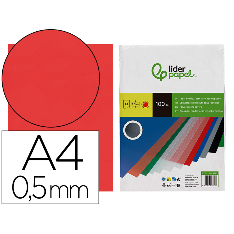 Tapa encuadernacion liderpapel polipropileno a4 0.5 mm rojo translucido paquete de 100 unidades