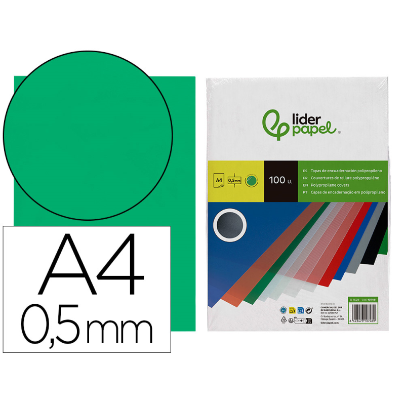 Tapa encuadernacion liderpapel polipropileno a4 0.5 mm verde translucido paquete de 100 unidades