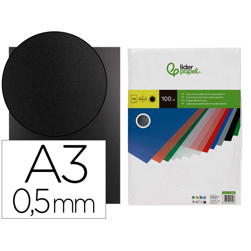 Tapa encuadernacion liderpapel polipropileno a3 0.5 mm negro opaco paquete de 100 unidades
