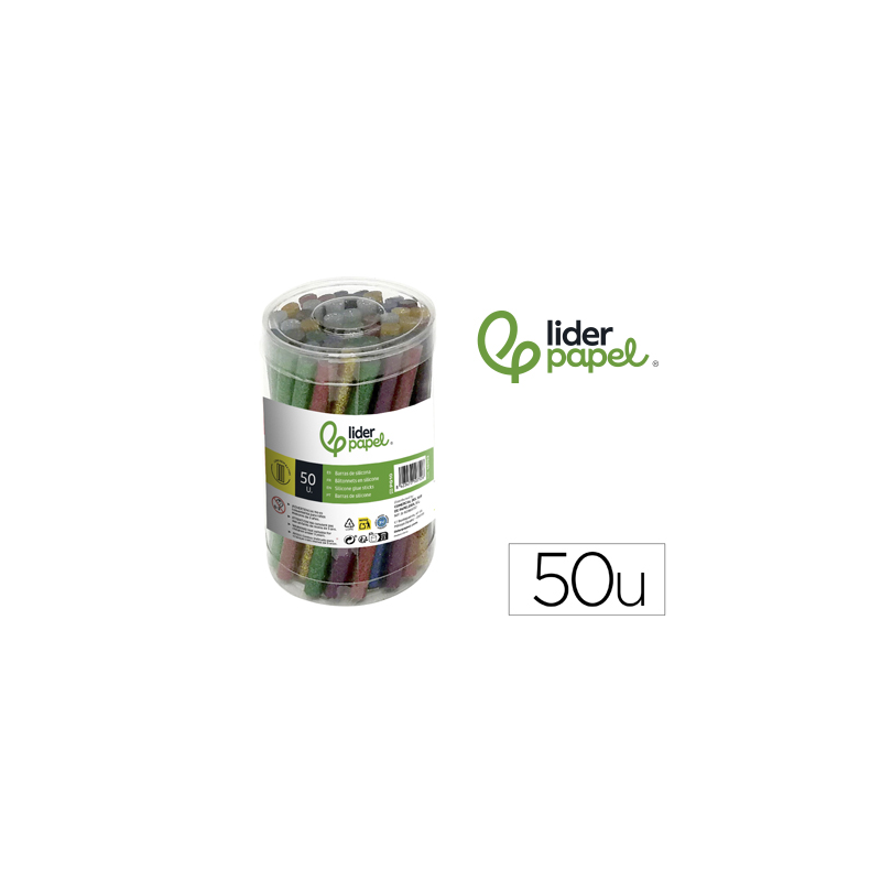 Barra termofusible purpurina liderpapel 7 mm diametro x 100 mm de alto bote 50 unidades colores surtidos