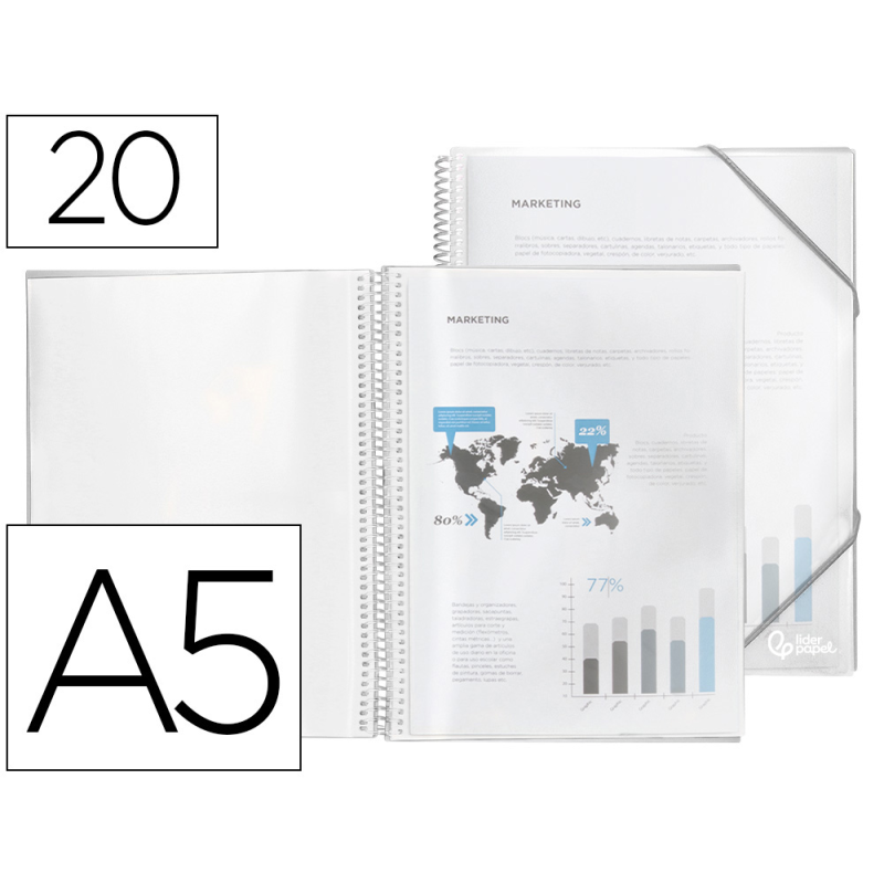 Carpeta liderpapel escaparate con espiral 20 fundas polipropileno din a5 transparente