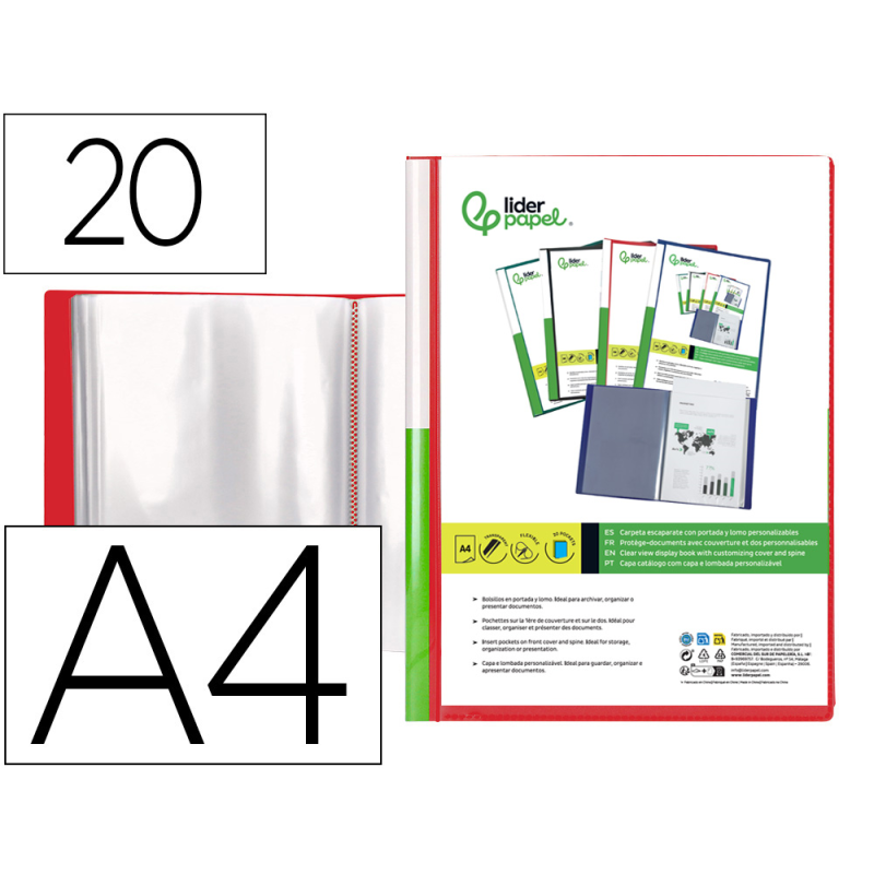 Carpeta liderpapel personaliza 20 fundas canguro polipropileno din a4 rojo translucido portada y lomo