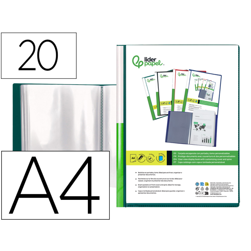 Carpeta liderpapel personaliza 20 fundas canguro polipropileno din a4 verde translucido portada y lomo