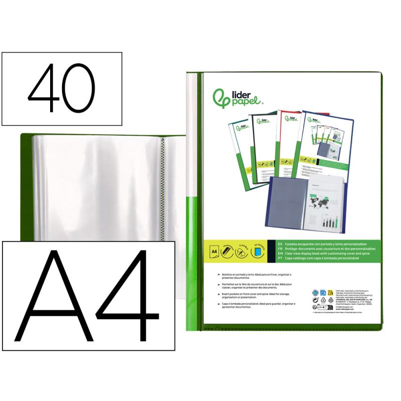 Carpeta liderpapel personaliza 40 fundas canguro polipropileno din a4 verde translucido portada y lomo