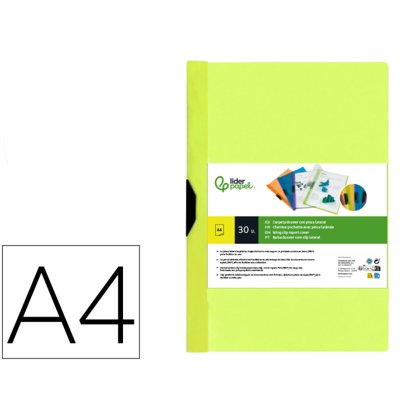 Carpeta liderpapel dossier pinza lateral polipropileno din a4 amarillo fluor opaco 30 hojas pinza deslizante