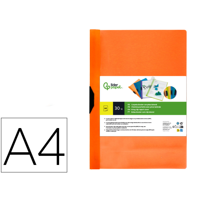 Carpeta liderpapel dossier pinza lateral polipropileno din a4 naranja fluor opaco 30 hojas pinza deslizante