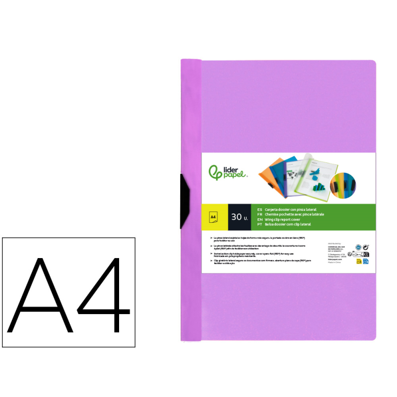 Carpeta liderpapel dossier pinza lateral polipropileno din a4 lavanda opaco 30 hojas pinza deslizante