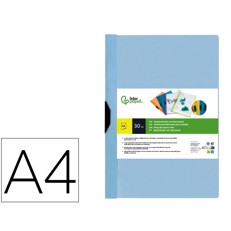 Carpeta liderpapel dossier pinza lateral polipropileno din a4 celeste opaco 30 hojas pinza deslizante