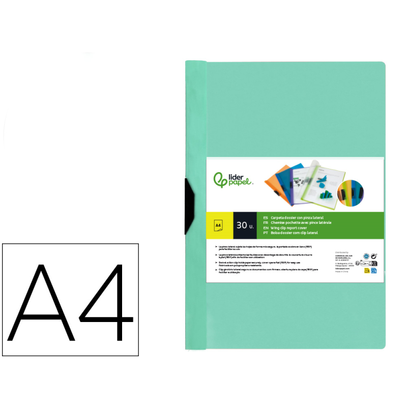 Carpeta liderpapel dossier pinza lateral polipropileno din a4 verde manzana opaco 30 hojas pinza deslizante