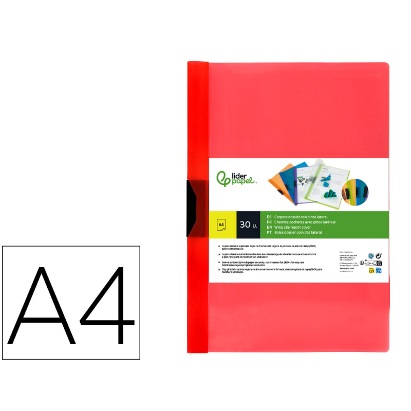 Carpeta liderpapel dossier pinza lateral polipropileno din a4 rojo translucido 60 hojas pinza deslizante