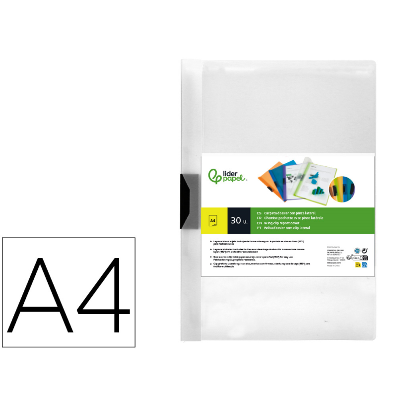 Carpeta liderpapel dossier pinza lateral polipropileno din a4 transparente 60 hojas pinza deslizante