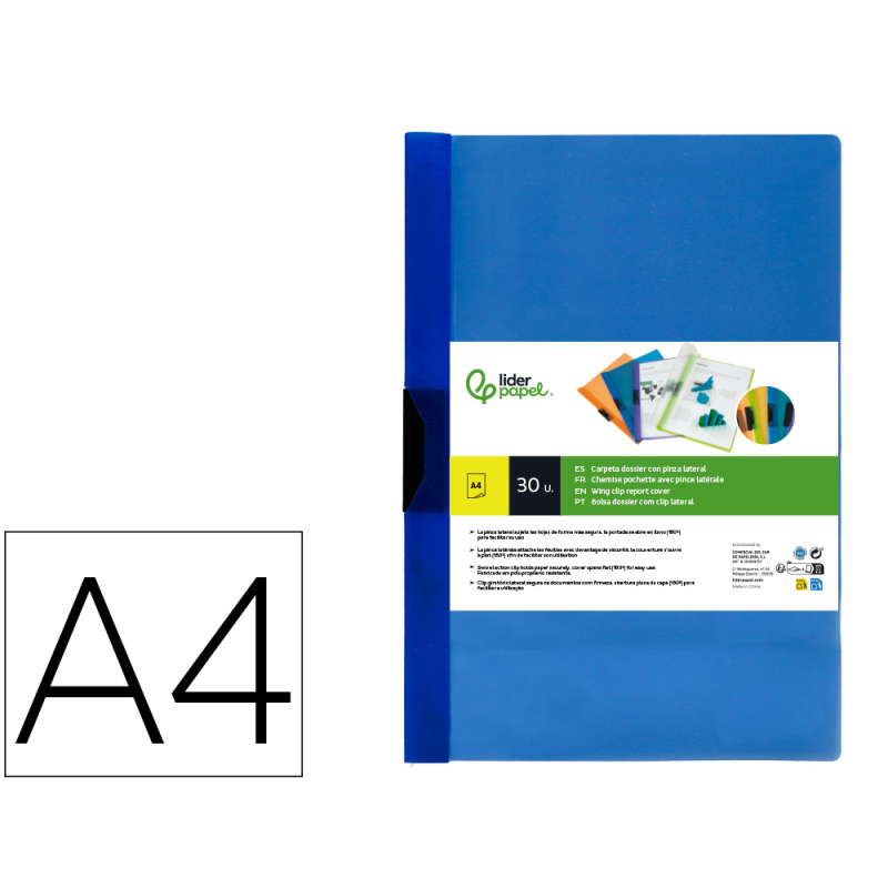 Carpeta liderpapel dossier pinza lateral polipropileno din a4 azul translucido 60 hojas pinza deslizante