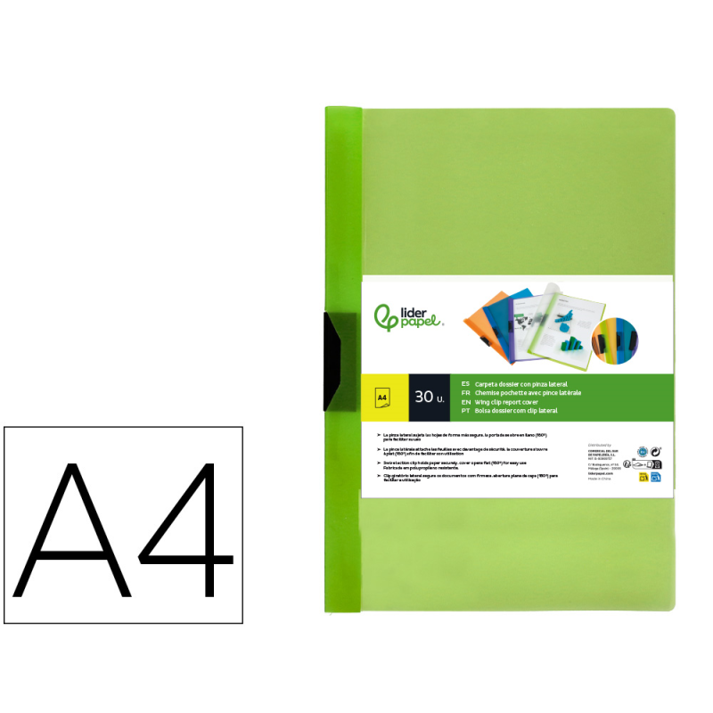 Carpeta liderpapel dossier pinza lateral polipropileno din a4 verde translucido 60 hojas pinza deslizante