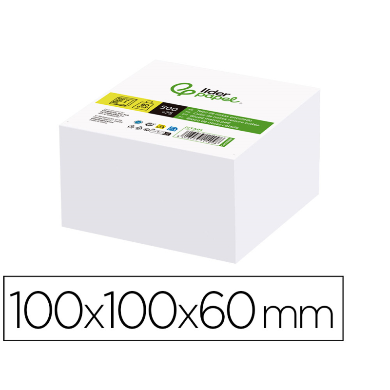 Taco papel liderpapel encolado blanco 500+75 hojas 100x100x60 mm 80 gr