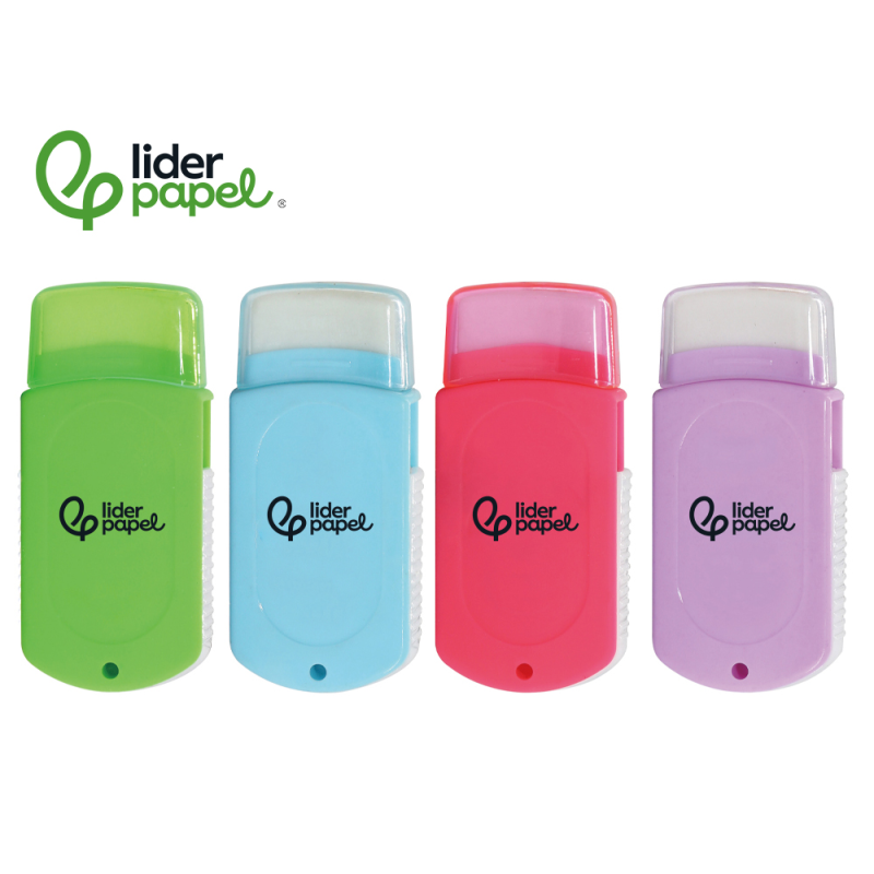 Goma de borrar liderpapel rectangular con protector plastico sacapuntas 2 usos y cepillo colores surtidos