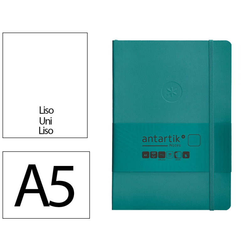 Cuaderno con gomilla antartik notes tapa blanda a5 hojas lisas verde aguamarina 80 hojas 80 gr fsc
