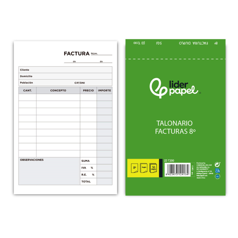 Talonario liderpapel facturas 8º original y copia t200 con i.v.a