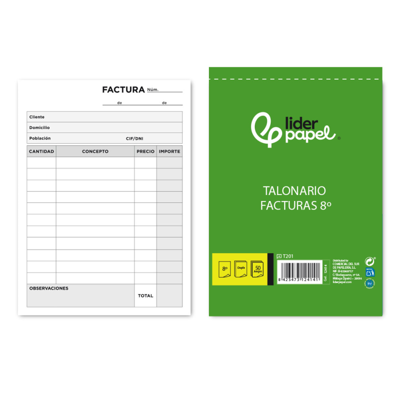 Talonario liderpapel facturas 8º original y copia t201 sin i.v.a.